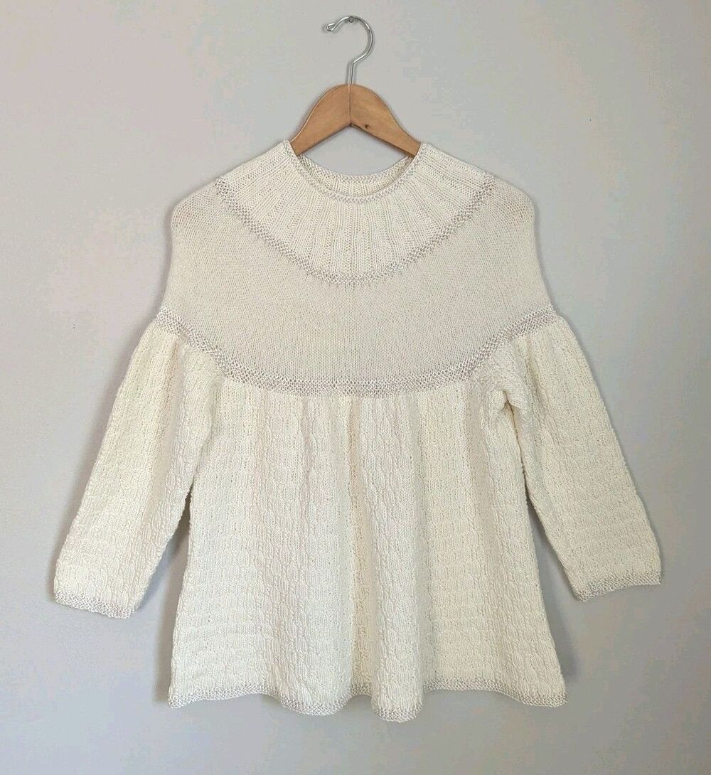 Gorgeous Handknit Sweater Fuzzy Angora Ivory Cotton Mock neck M L 3/4 Sleeve